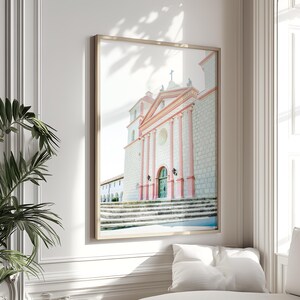 Santa Barbara Print, Southern California Art Old Mission Santa Barbara Decor Architectural Poster Pastel Wall Art Pink White Art Catholic
