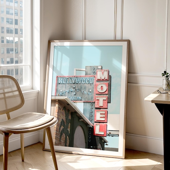 Los Angeles Art Print, Hollywood Motel Sign Art, Neon Sign Print, Sunset Strip Decor, Vintage Motel, Urban Wall Decor,Blue "Hollywood Motel"