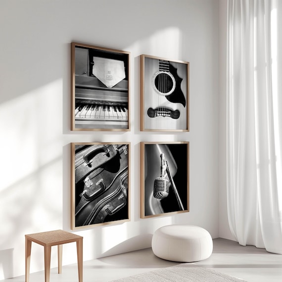 Music Art, Black and White Photography Print Set of 4, Music Print
