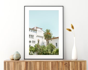 Santa Barbara Photography Print - Unframed Wall Art, Spanish Architectural Print, Santa Barbara Palm Tree Wall Decor | Pick Your Size