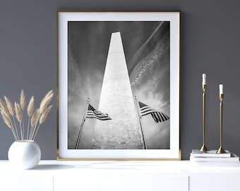 Washington DC Art, Black and White Photography -Unframed, Washington Monument Print, DC Wall Art, American Flag | Many Sizes