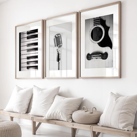 Music Art, Set of 3 Music Prints, Black and White Photography