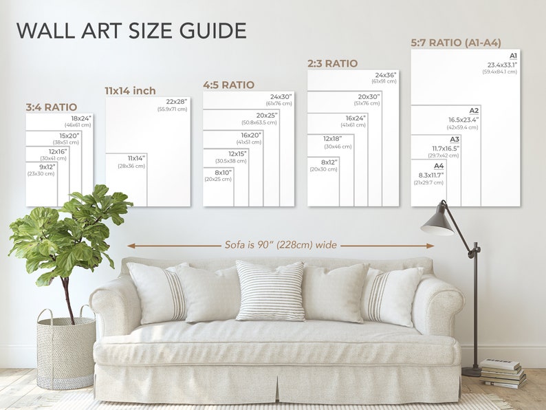 Wall art size guide showing scale of image sizes compared to a 90 inch sofa below.