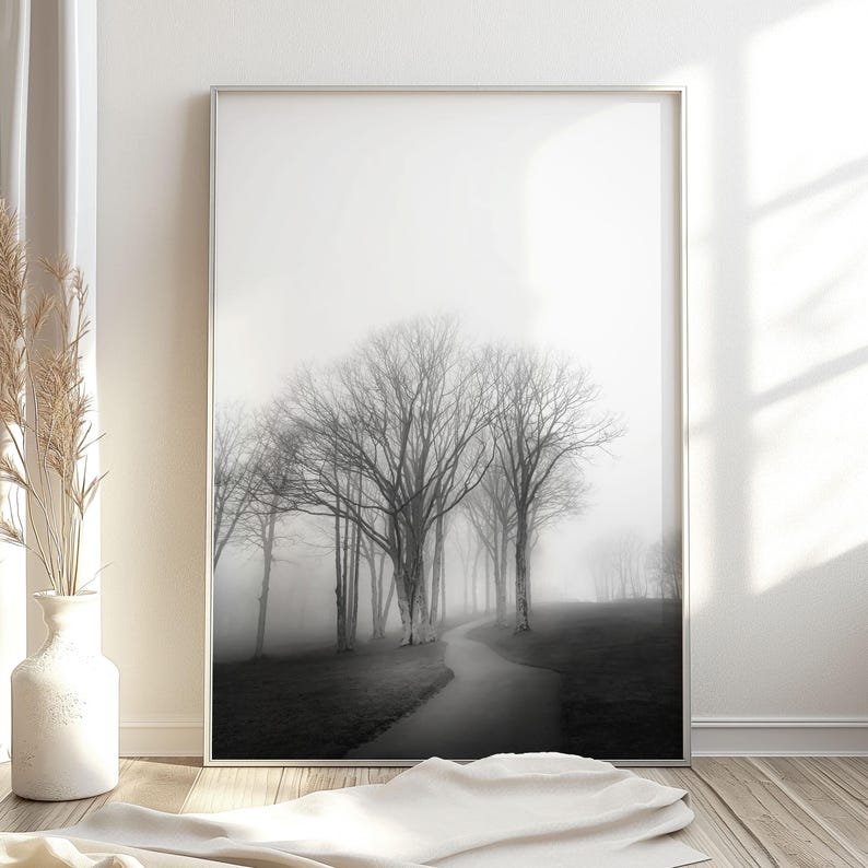 Foggy Tree path photography print.