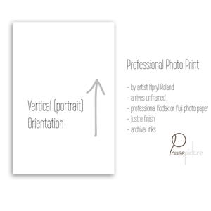 May include: A white print with the text "Vertical (portrait) Orientation" and an upward-pointing arrow. The text "Professional Photo Print" is also present, along with details about the print's features, including archival inks and a lustre finish.