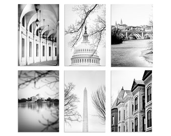 Washington DC Art, Set of 6, Black and White Photography - Unframed | Jefferson Memorial,Capitol Art, Georgetown, DC Wall Decor | Many Sizes