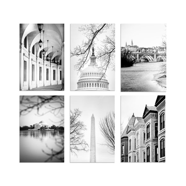 Washington DC Art, Set of 6, Black and White Photography - Unframed | Jefferson Memorial,Capitol Art, Georgetown, DC Wall Decor | Many Sizes