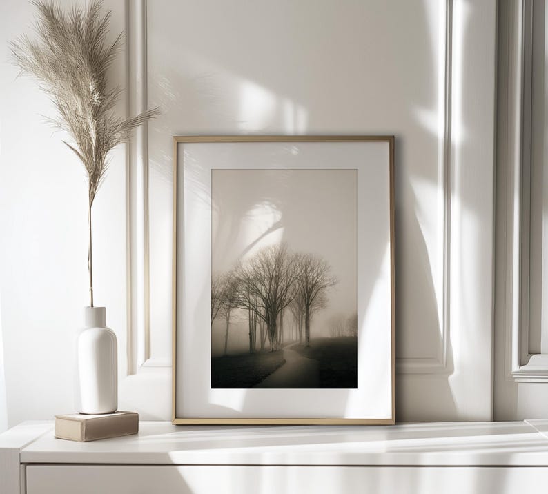 Foggy Tree path photography print.