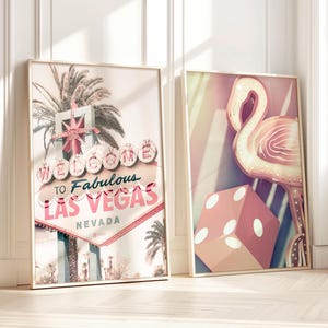 Impresiones de Las Vegas, arte con flamencos, impresión de dados rosas, arte vintage con letreros de Las Vegas, arte de pared preppy, arte Y2K, decoración de Las Vegas, decoración de pared retro de moda