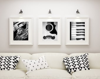 Music Art, Guitar Prints, Set of 3, Black and White, Music Print Set, Black and White Photography,Piano, Music Wall Decor, Gift for Musician