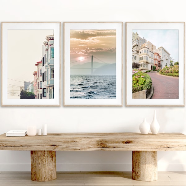 San Francisco Art, Print Set of 3, San Francisco Photography, San Francisco print set, Golden Gate Bridge, Lombard Street,Travel Art,Pastel