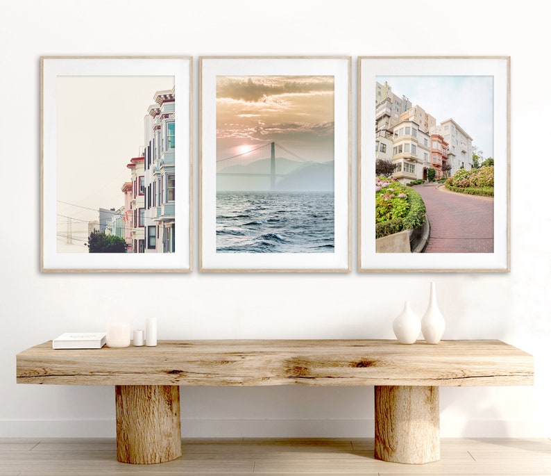 Set of 3 San Francisco photography featuring Golden Gate Bridge, row houses, Lombard street.  Colors are soft pastels of pink, green and blue.