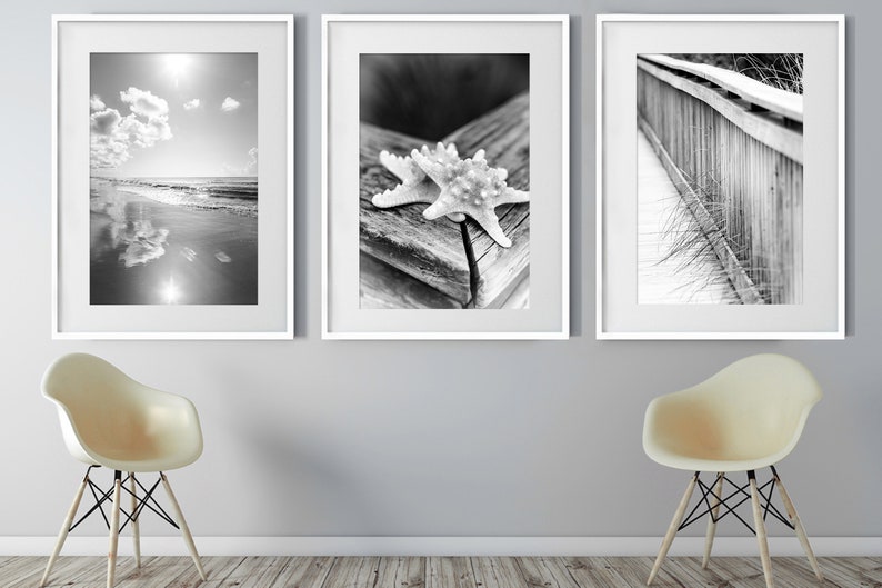 Set of 3 Coastal Wall Art Surf Decor Beach Photography Modern Coastal Art Starfish Black and White Print Set Beach House Decor