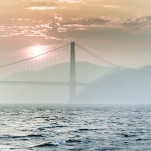 Set of 3 San Francisco photography featuring Golden Gate Bridge, row houses, Lombard street.  Colors are soft pastels of pink, green and blue.