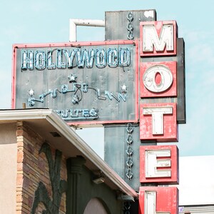 Hollywood motel photography print.  Old Vintage neon sign.  Red and blue details.