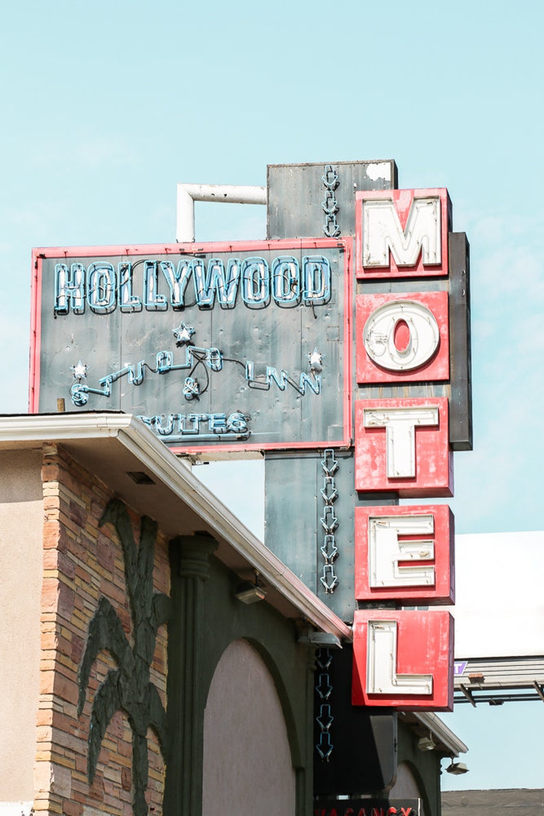 Hollywood motel photography print.  Old Vintage neon sign.  Red and blue details.