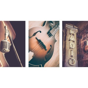 Set of 3 country music prints featuring details in Nashville, Tennessee.  A old vintage microphone, a mandolin and an old nashville radio sign.