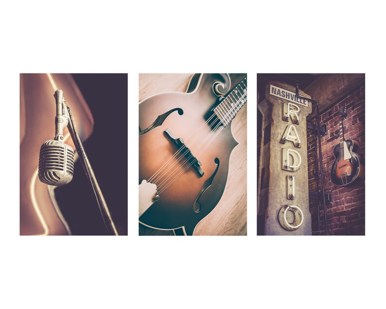 Set of 3 country music prints featuring details in Nashville, Tennessee.  A old vintage microphone, a mandolin and an old nashville radio sign.