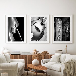 Set of 3 country music prints featuring details in Nashville, Tennessee.  A old vintage microphone, a mandolin and an old nashville radio sign.