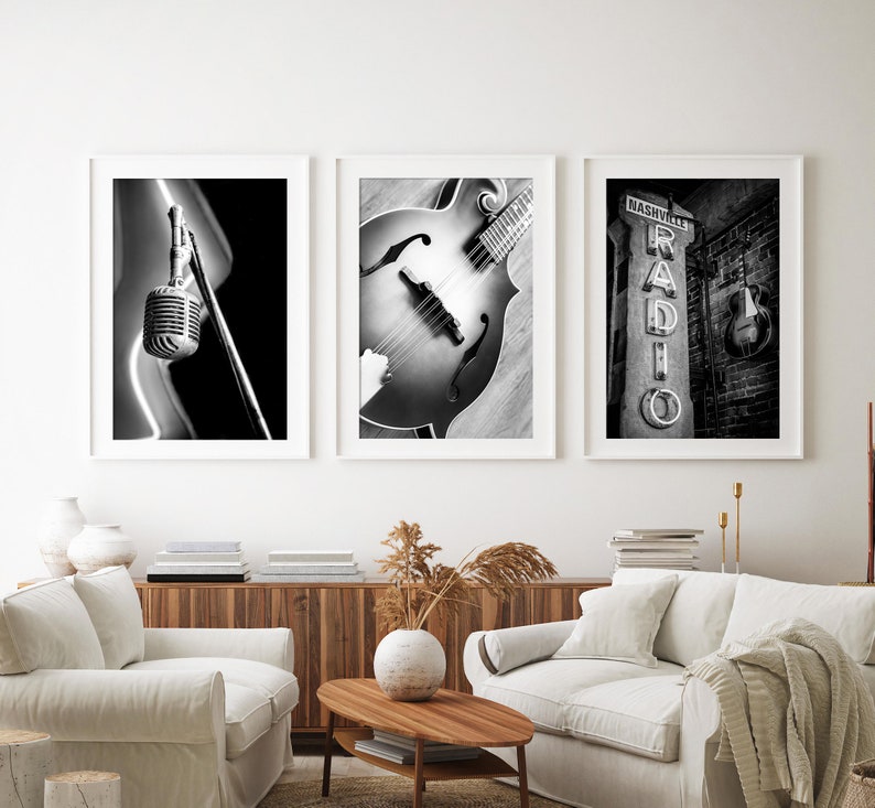 Set of 3 country music prints featuring details in Nashville, Tennessee.  A old vintage microphone, a mandolin and an old nashville radio sign.