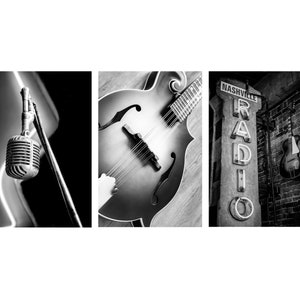 Set of 3 country music prints featuring details in Nashville, Tennessee.  A old vintage microphone, a mandolin and an old nashville radio sign.