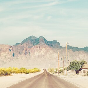 Set of 3 desert photgraphy prints showing scenes in Phoenix Arizona.  Shows 2 saguaro cactus, road in the desert and the Superstition Mountains.