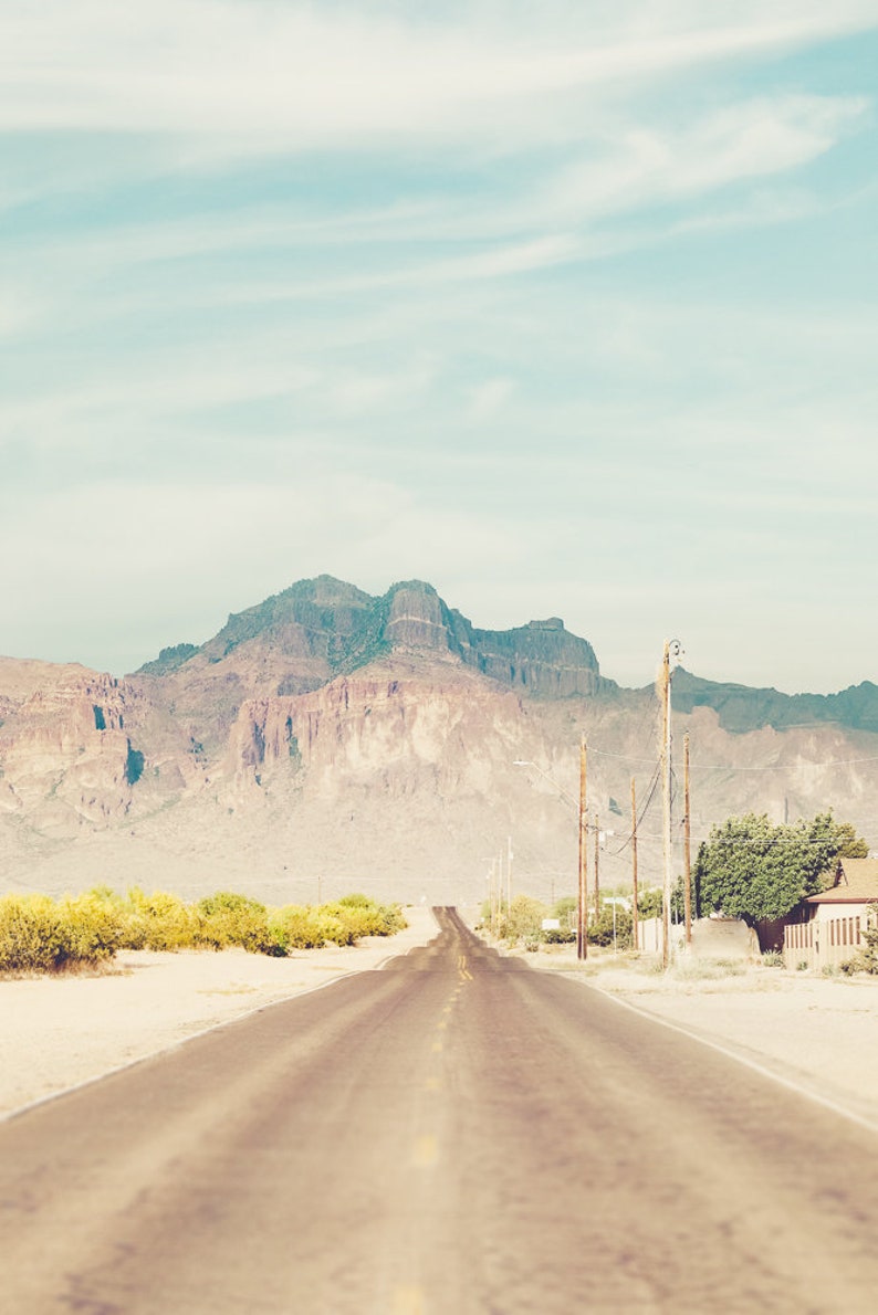 Set of 3 desert photgraphy prints showing scenes in Phoenix Arizona.  Shows 2 saguaro cactus, road in the desert and the Superstition Mountains.