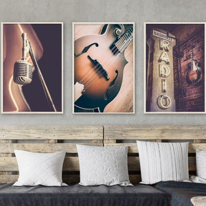 Set of 3 country music prints featuring details in Nashville, Tennessee.  A old vintage microphone, a mandolin and an old nashville radio sign.