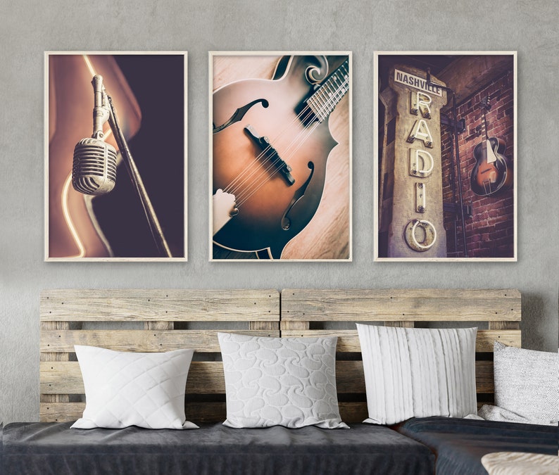 Set of 3 country music prints featuring details in Nashville, Tennessee.  A old vintage microphone, a mandolin and an old nashville radio sign.