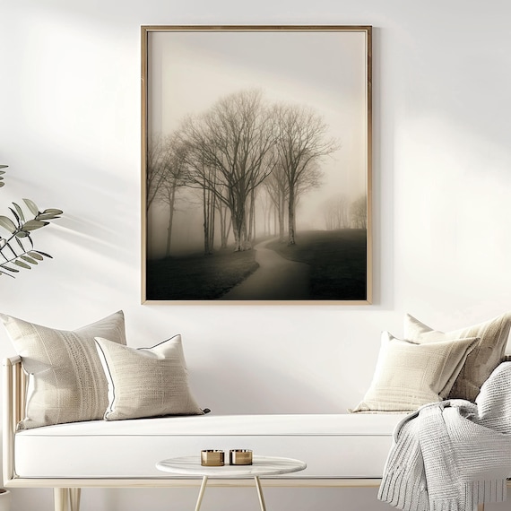 Foggy Forest Path Print, Tree Print Black and White Nature Print Moody Forest Misty Woods Forest Path Print Forest Fog Winter Art Minimalist