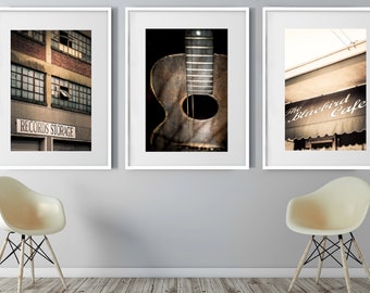 Nashville Photography, Print Set of 3, Nashville Sign, Downtown Nashville, Bluebird Cafe, Country Music Art, Guitar Print, Record Art