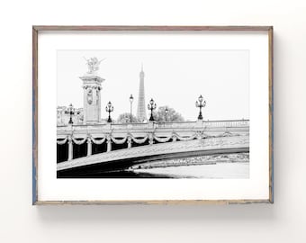 Paris Photography Print, Black and White Photography Art, Eiffel Tower, Paris Bridge Art, Seine, Travel Wall Decor, "Sur La Seine"