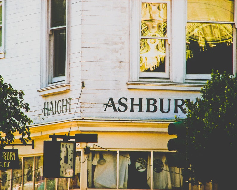 San Francisco photography print showing the Haight Ashbury district. Words are written on building at intersection.  Colors are white yellow and black.