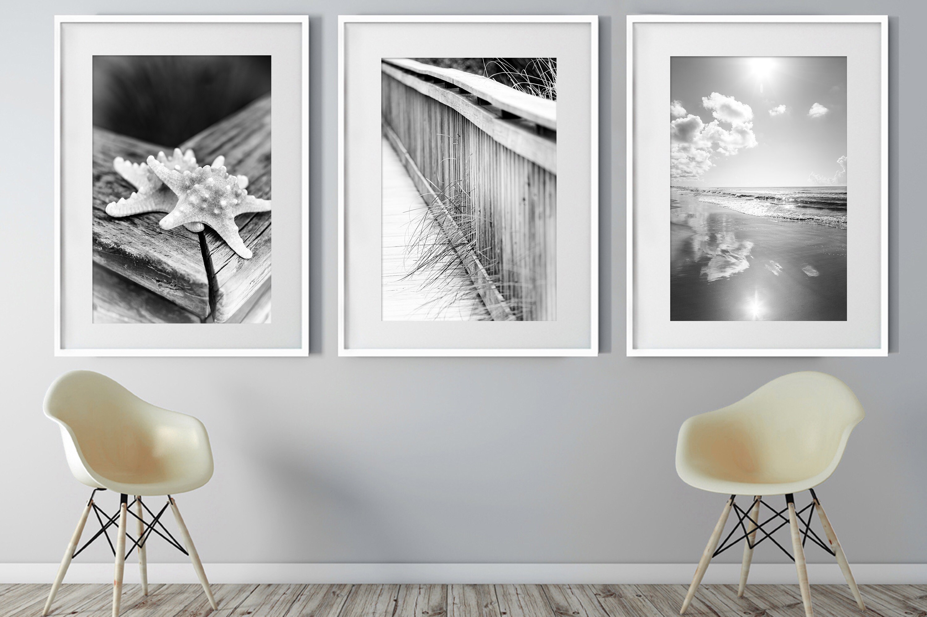 Set of 3 Coastal Wall Art Surf Decor Beach Photography Modern Coastal Art Starfish Black and White Print Set Beach House Decor