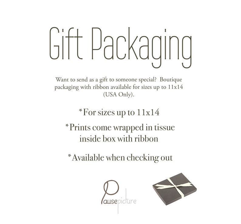 Gift packaging available for sizes up to 11x14.  Print comes wrapped in tissue inside a box with a ribbon around it.  available when checking out.