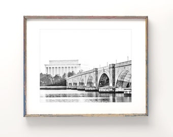 Washington DC Art | Black and White Photography - Unframed | DC Wall Decor,Lincoln Memorial,Arlington Memorial Bridge, DC Print | Many Sizes