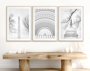 Conjunto de fotografía de Washington DC de 3, conjunto de impresión de arte en blanco y negro, Capitolio, Memorial de Lincoln, Union Station, decoración de pared de DC, monumentos