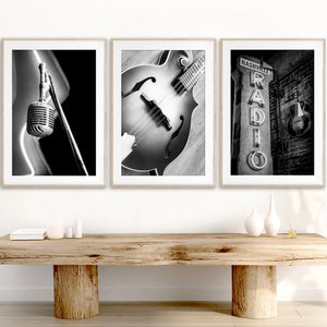 Set of 3 country music prints featuring details in Nashville, Tennessee.  A old vintage microphone, a mandolin and an old nashville radio sign.