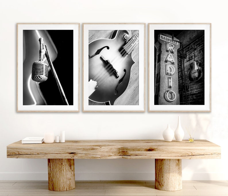 Set of 3 country music prints featuring details in Nashville, Tennessee.  A old vintage microphone, a mandolin and an old nashville radio sign.