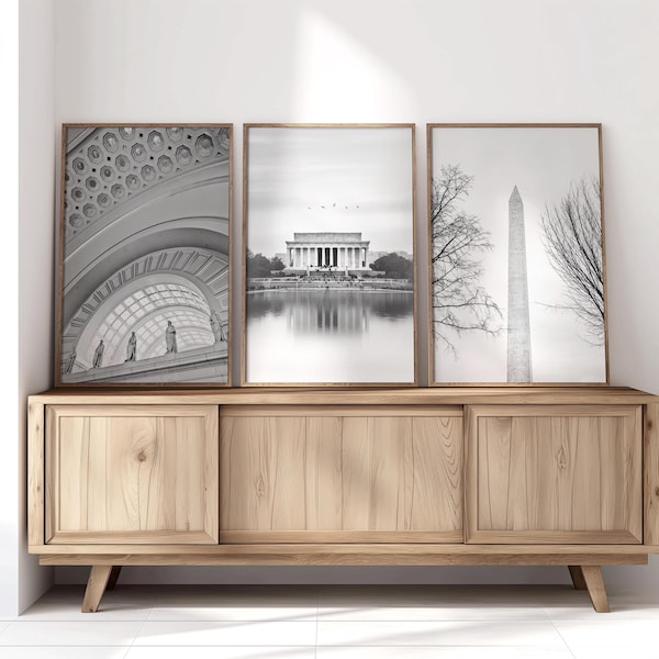 Washington DC Photography Set of 3, Black and White Art Print Set, Capitol, Lincoln Memorial, Union Station, DC Wall Decor, Monuments