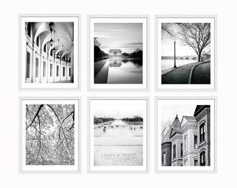 Washington DC Photography Print Set of 6, Unframed, Black and White Wall Art, Lincoln Memorial, Washington Monument, Georgetown