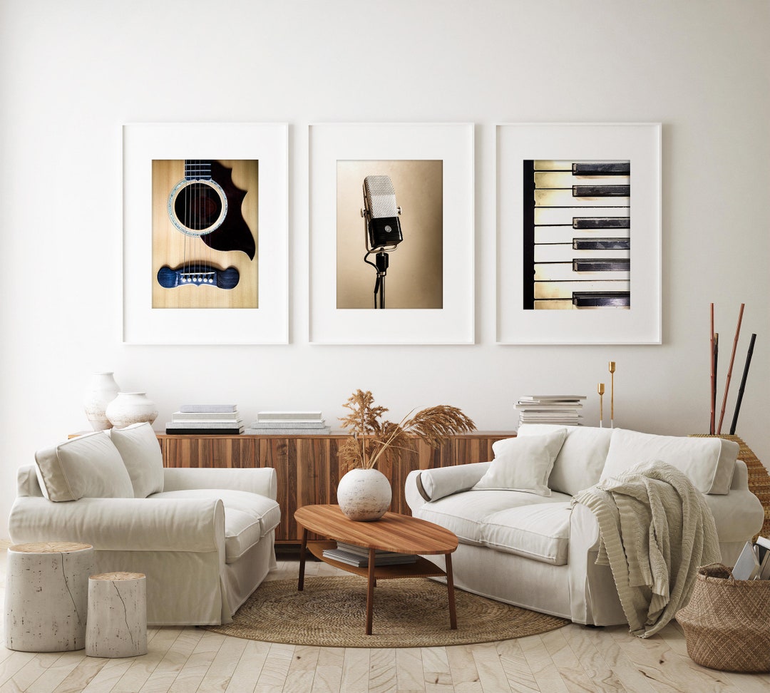Music Art, Set of 3 Music Prints, Music Photography, Guitar, Piano