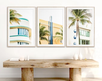 Miami Wall Art, Print Set of 3, Art Deco Wall Art, South Beach Photography, Architectural Art, Miami Hotel Prints, Blue