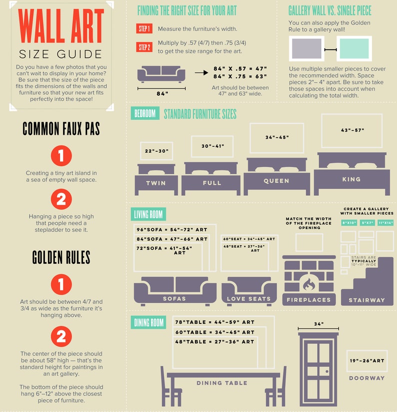 Size guide showing different options over different types of furniture.