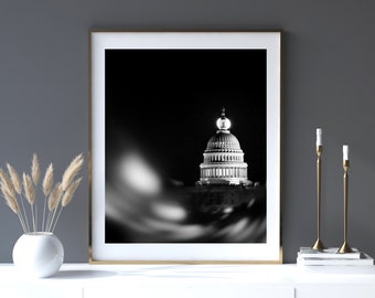 Washington DC Art, Black and White Photography, Capitol Building, DC Wall Decor, Washington DC Print, Capitol Hill, Wall Art "Capitol Moon"