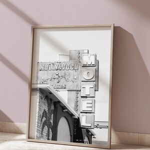 Hollywood motel photography print.  Old Vintage neon sign.  Red and blue details.