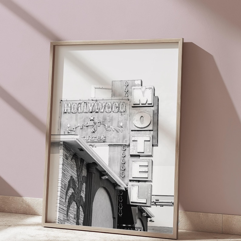 Hollywood motel photography print.  Old Vintage neon sign.  Red and blue details.