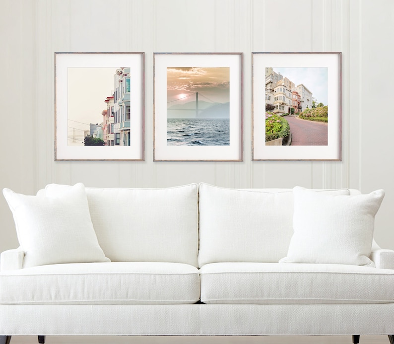 Set of 3 San Francisco photography featuring Golden Gate Bridge, row houses, Lombard street.  Colors are soft pastels of pink, green and blue.