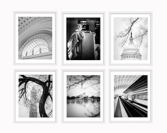 Washington DC Photography Print Set of 6, Unframed, Black and White Wall Art, Jefferson Memorial, Lincoln Memorial, Union Station, DC Metro