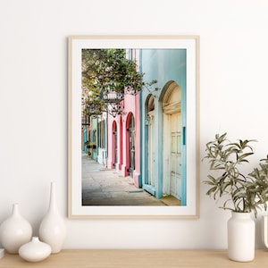 Charleston Photography Print, Rainbow Row Wall Art, Pastel Architectural Print, Pink Southern Home Decor - "Pastels of Bay"